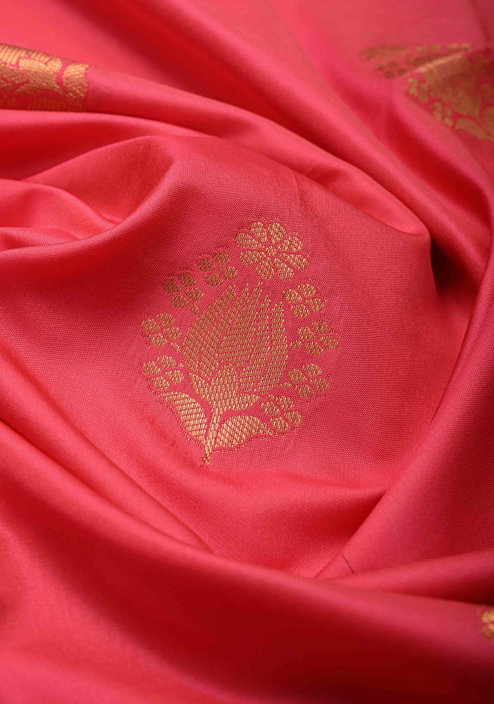 Fiery Rose Kanchi Semi Silk Saree with Floral Zari Buttas and Zari Border