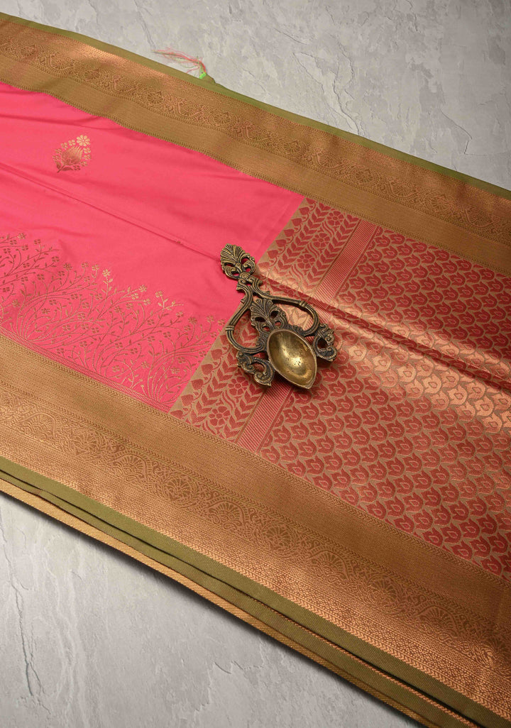 Fiery Rose Kanchi Semi Silk Saree with Floral Zari Buttas and Zari Border