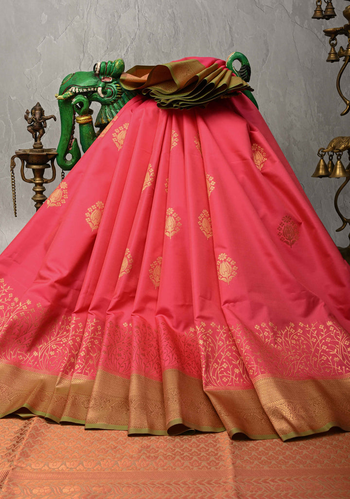 Fiery Rose Kanchi Semi Silk Saree with Floral Zari Buttas and Zari Border