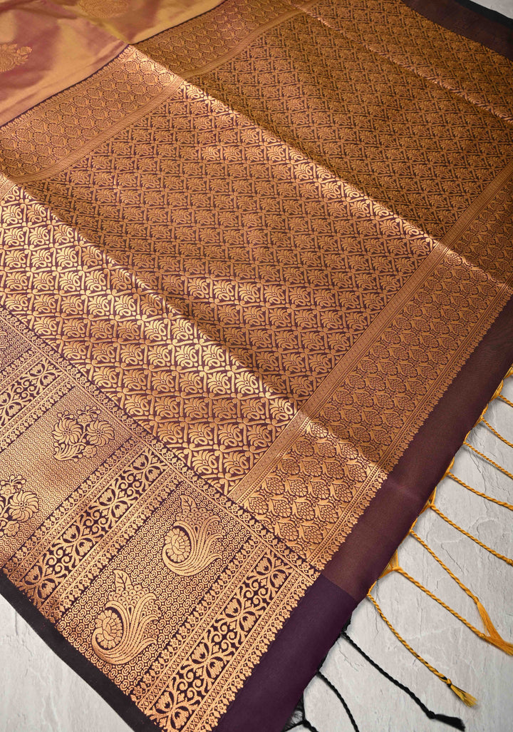 Camel Brown Dual tone Kanchi Semi Silk Saree with Zari Buttas and Zari Border