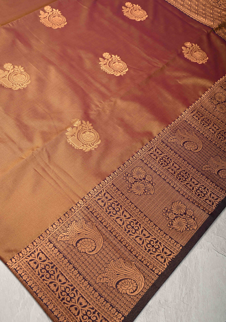 Camel Brown Dual tone Kanchi Semi Silk Saree with Zari Buttas and Zari Border
