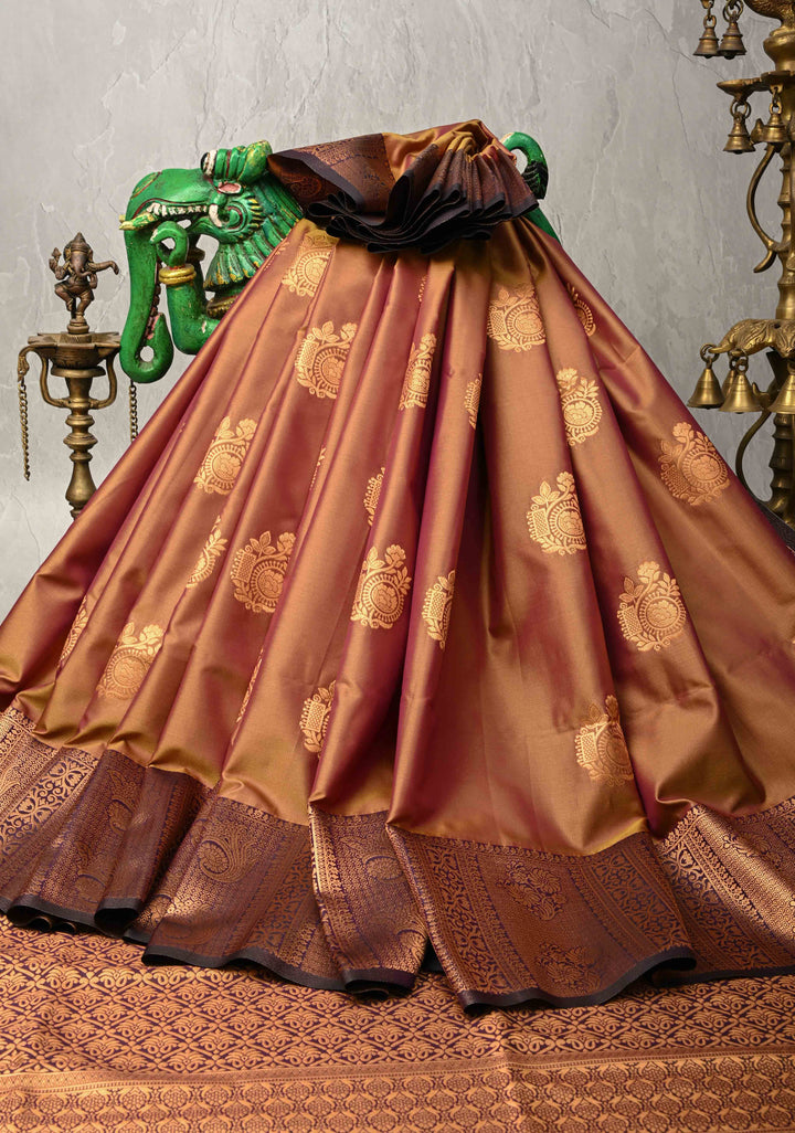 Camel Brown Dual tone Kanchi Semi Silk Saree with Zari Buttas and Zari Border