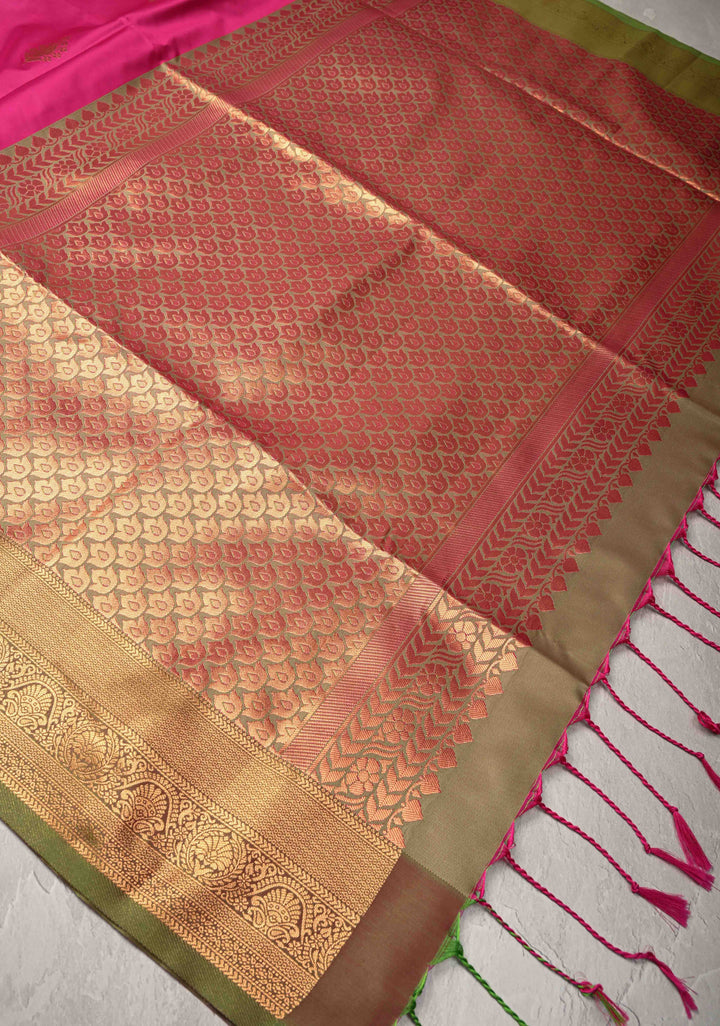 Dark Pink Kanchi Semi Silk Saree with Floral Zari Buttas and Zari Border