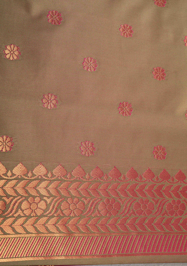 Dark Pink Kanchi Semi Silk Saree with Floral Zari Buttas and Zari Border
