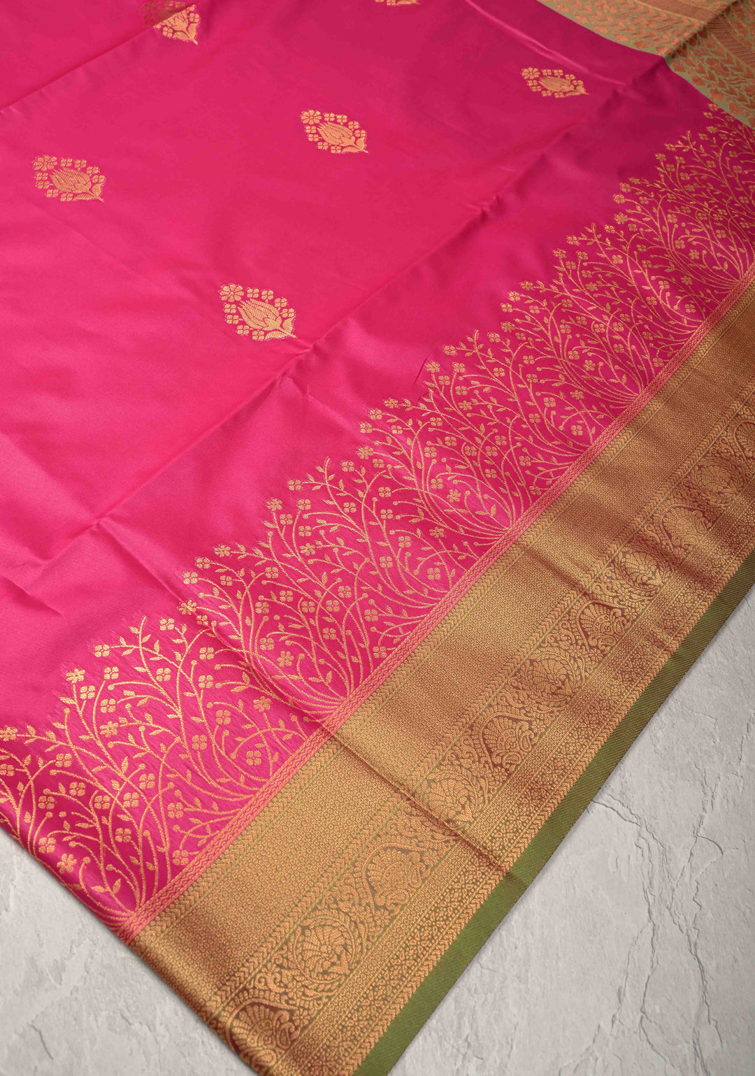 Dark Pink Kanchi Semi Silk Saree with Floral Zari Buttas and Zari Border