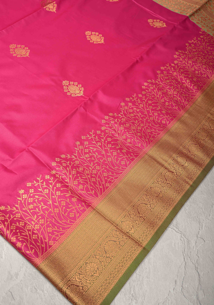 Dark Pink Kanchi Semi Silk Saree with Floral Zari Buttas and Zari Border
