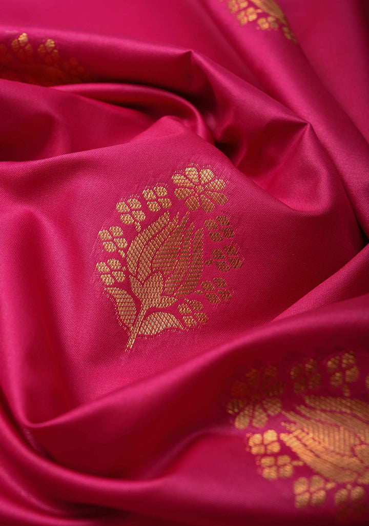 Dark Pink Kanchi Semi Silk Saree with Floral Zari Buttas and Zari Border