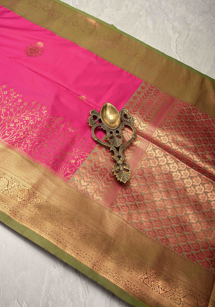 Dark Pink Kanchi Semi Silk Saree with Floral Zari Buttas and Zari Border