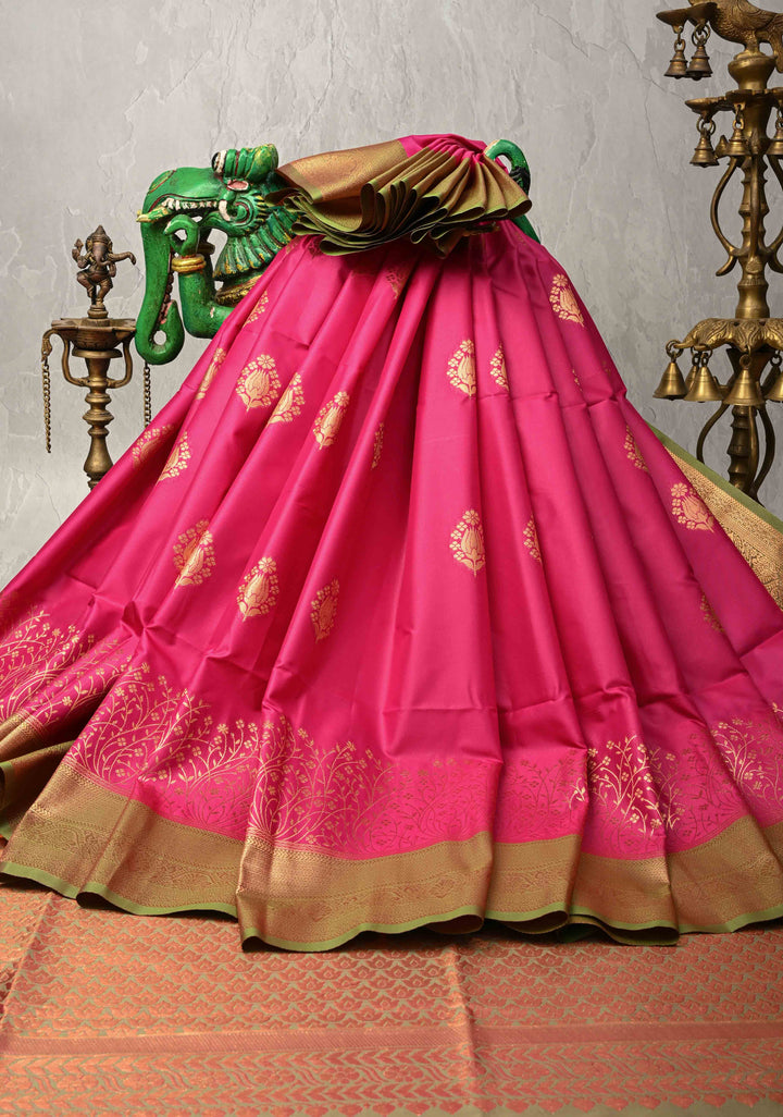 Dark Pink Kanchi Semi Silk Saree with Floral Zari Buttas and Zari Border