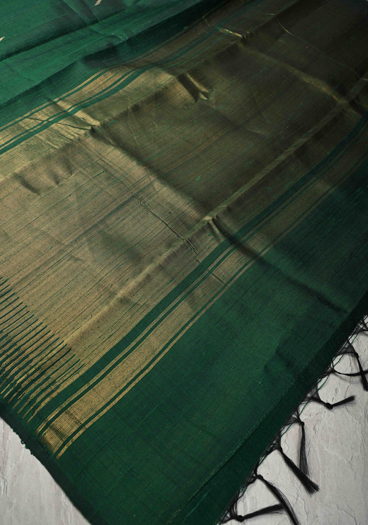 Deep Green Tussar Silk saree with Zari Buttas and Temple Border | SILK MARK CERTIFIED