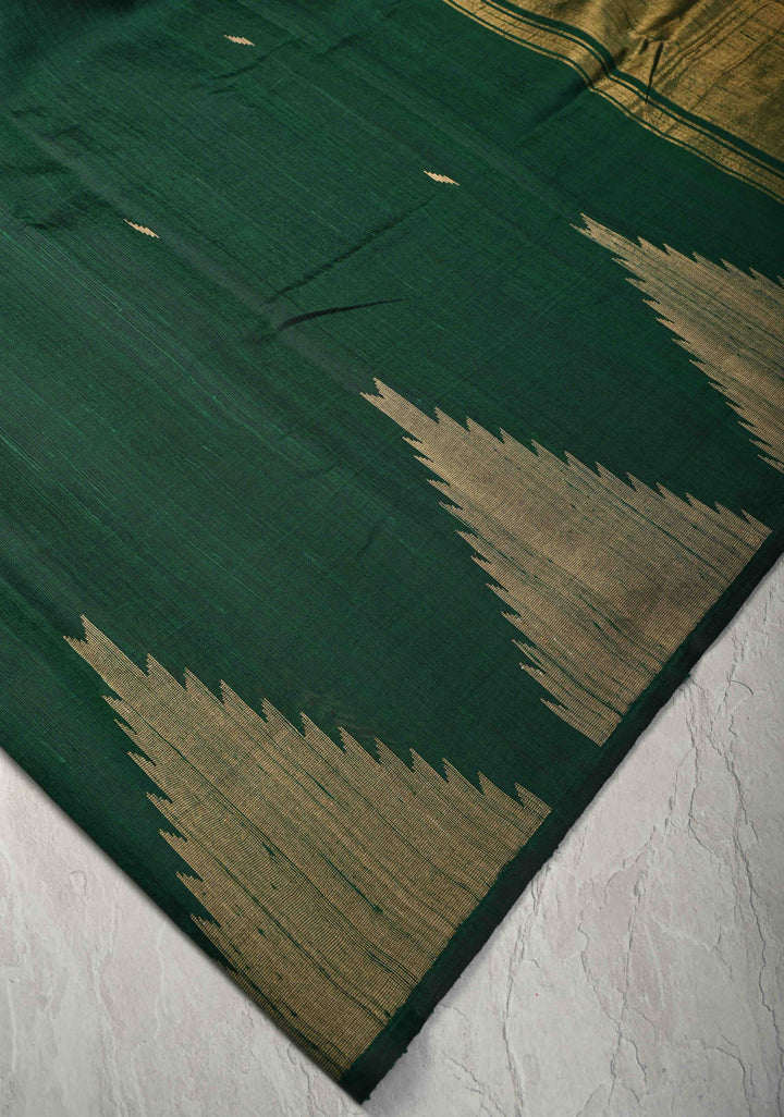 Deep Green Tussar Silk saree with Zari Buttas and Temple Border | SILK MARK CERTIFIED