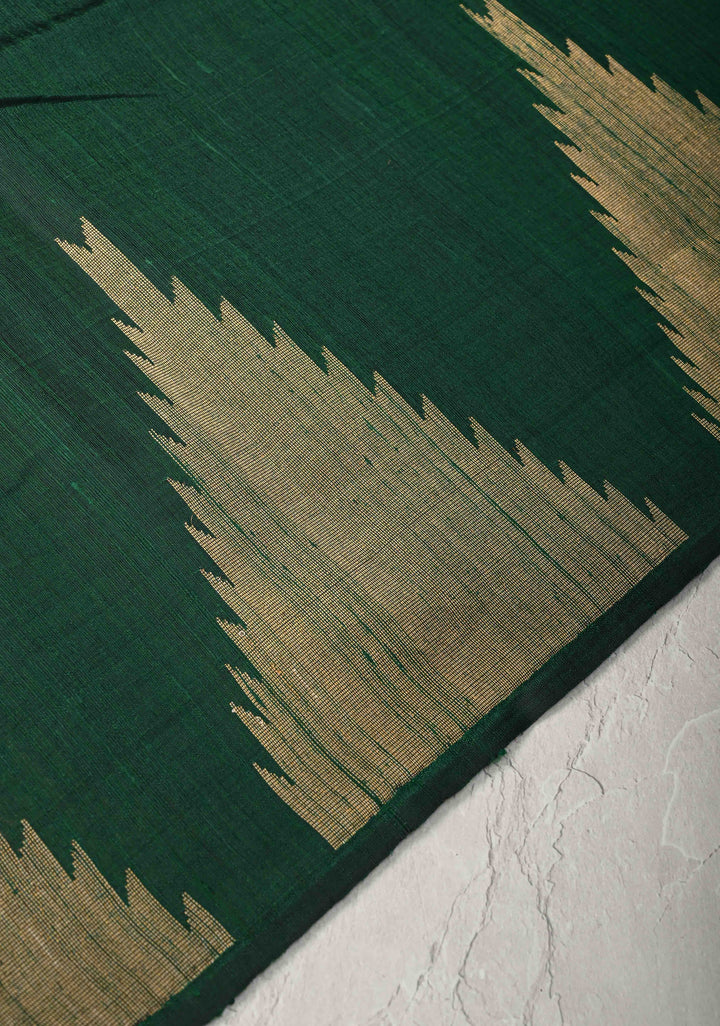 Deep Green Tussar Silk saree with Zari Buttas and Temple Border | SILK MARK CERTIFIED