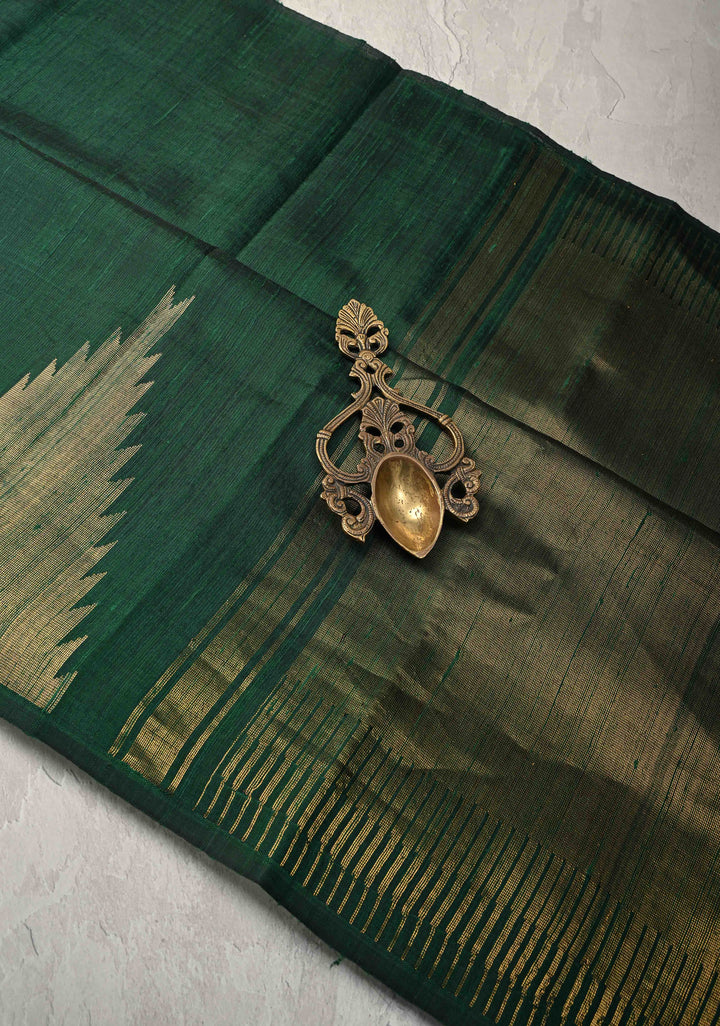 Deep Green Tussar Silk saree with Zari Buttas and Temple Border | SILK MARK CERTIFIED