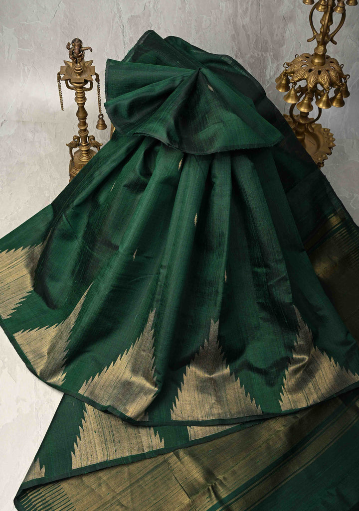 Deep Green Tussar Silk saree with Zari Buttas and Temple Border | SILK MARK CERTIFIED