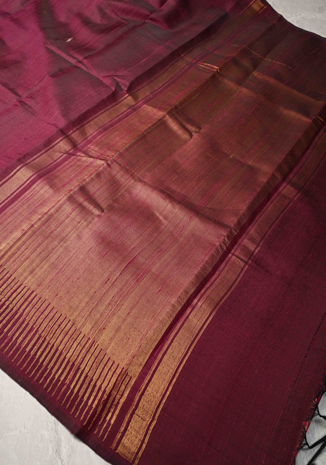 Cranberry Maroon Tussar Silk saree with Zari Buttas and Temple Border | SILK MARK CERTIFIED
