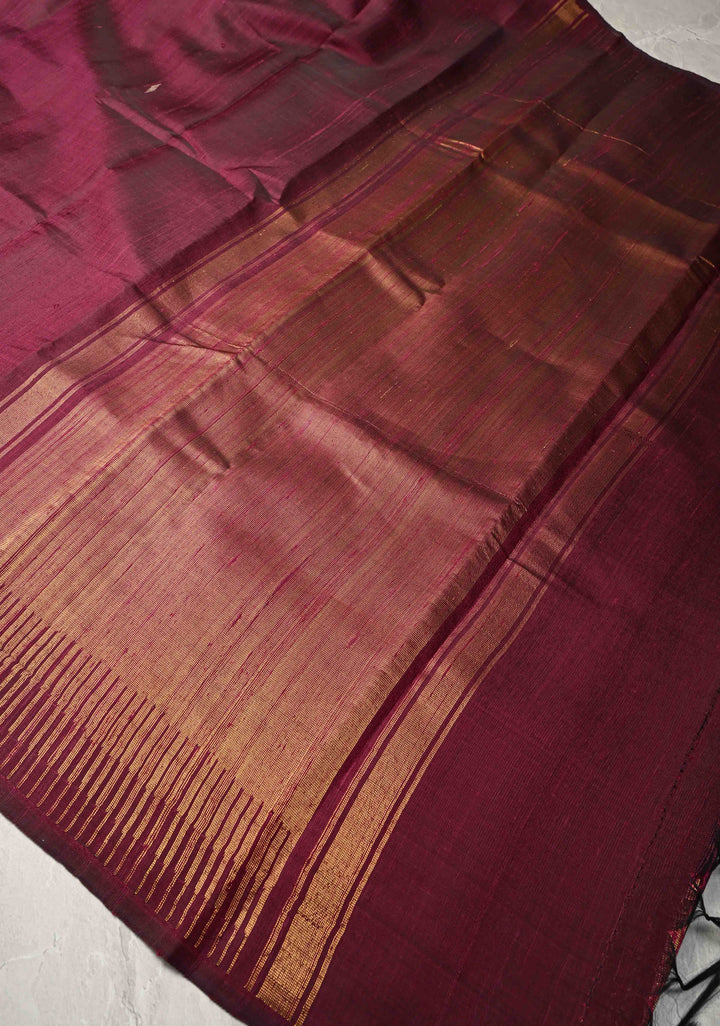 Cranberry Maroon Tussar Silk saree with Zari Buttas and Temple Border | SILK MARK CERTIFIED