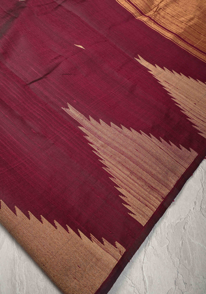 Cranberry Maroon Tussar Silk saree with Zari Buttas and Temple Border | SILK MARK CERTIFIED