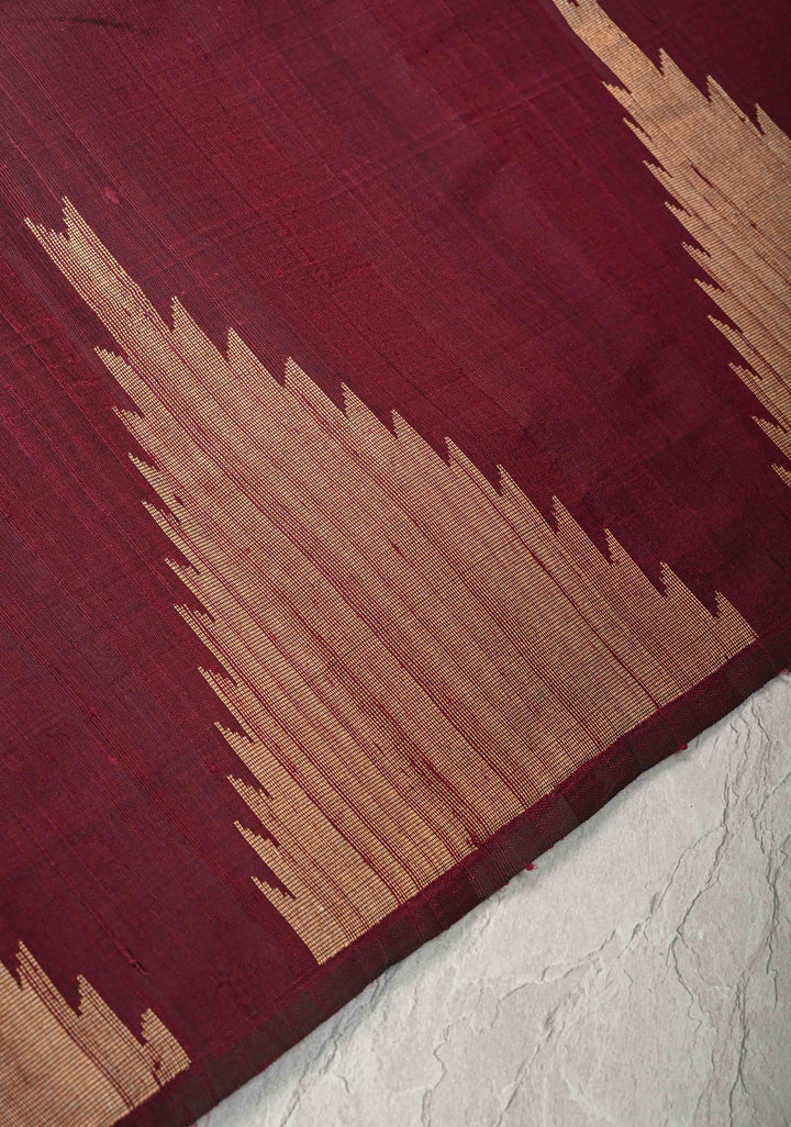 Cranberry Maroon Tussar Silk saree with Zari Buttas and Temple Border | SILK MARK CERTIFIED