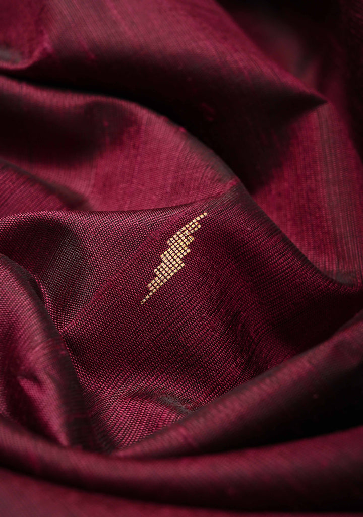 Cranberry Maroon Tussar Silk saree with Zari Buttas and Temple Border | SILK MARK CERTIFIED