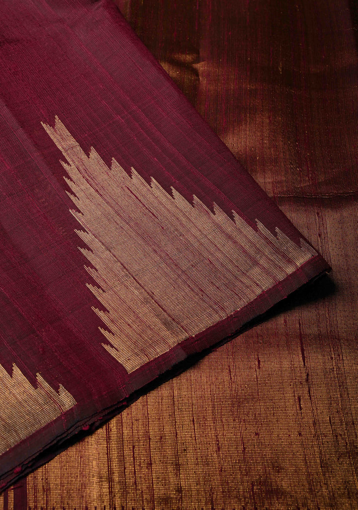 Cranberry Maroon Tussar Silk saree with Zari Buttas and Temple Border | SILK MARK CERTIFIED