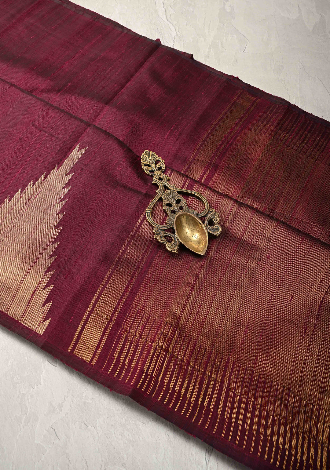 Cranberry Maroon Tussar Silk saree with Zari Buttas and Temple Border | SILK MARK CERTIFIED