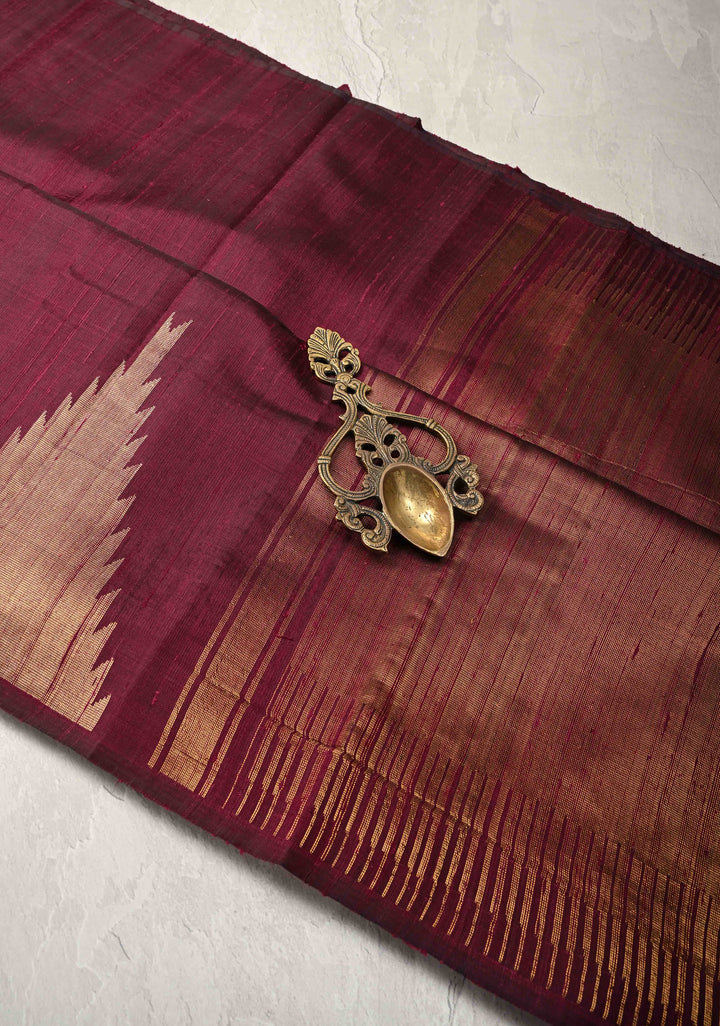 Cranberry Maroon Tussar Silk saree with Zari Buttas and Temple Border | SILK MARK CERTIFIED