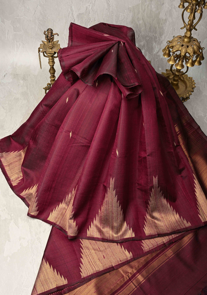 Cranberry Maroon Tussar Silk saree with Zari Buttas and Temple Border | SILK MARK CERTIFIED