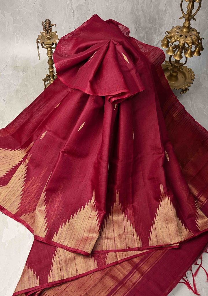 Maroon Tussar Silk saree with Zari Buttas and Temple Border | SILK MARK CERTIFIED