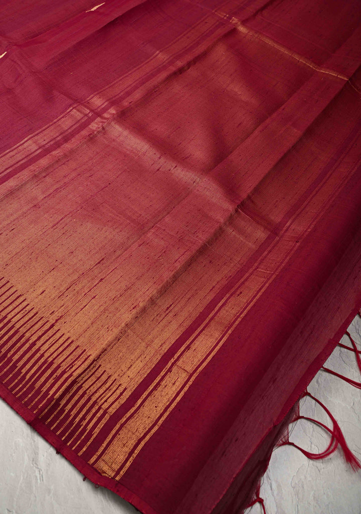 Maroon Tussar Silk saree with Zari Buttas and Temple Border | SILK MARK CERTIFIED