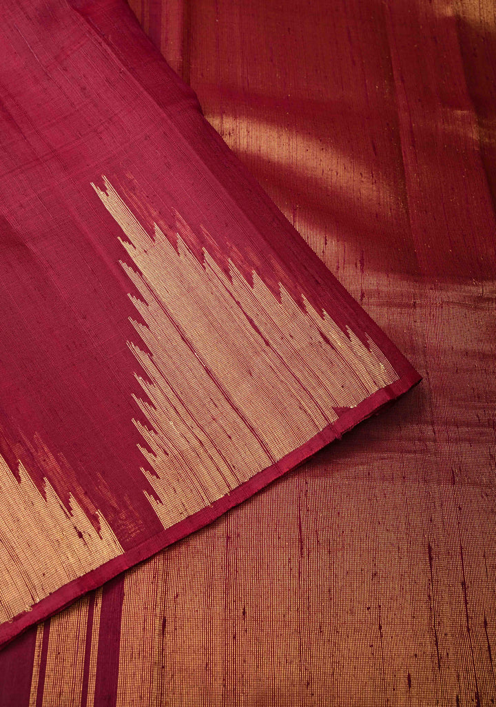 Maroon Tussar Silk saree with Zari Buttas and Temple Border | SILK MARK CERTIFIED