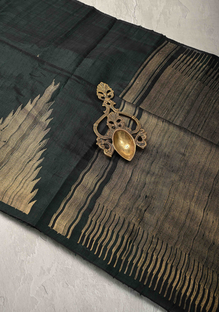 Dark Green Tussar Silk saree with Zari Buttas and Temple Border | SILK MARK CERTIFIED