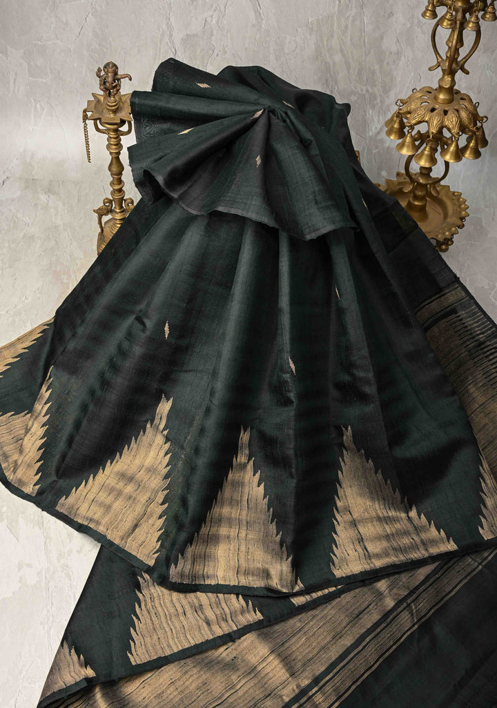 Dark Green Tussar Silk saree with Zari Buttas and Temple Border | SILK MARK CERTIFIED