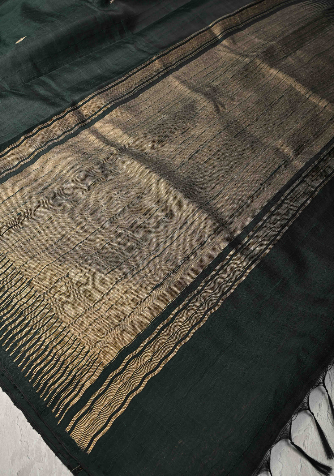 Dark Green Tussar Silk saree with Zari Buttas and Temple Border | SILK MARK CERTIFIED