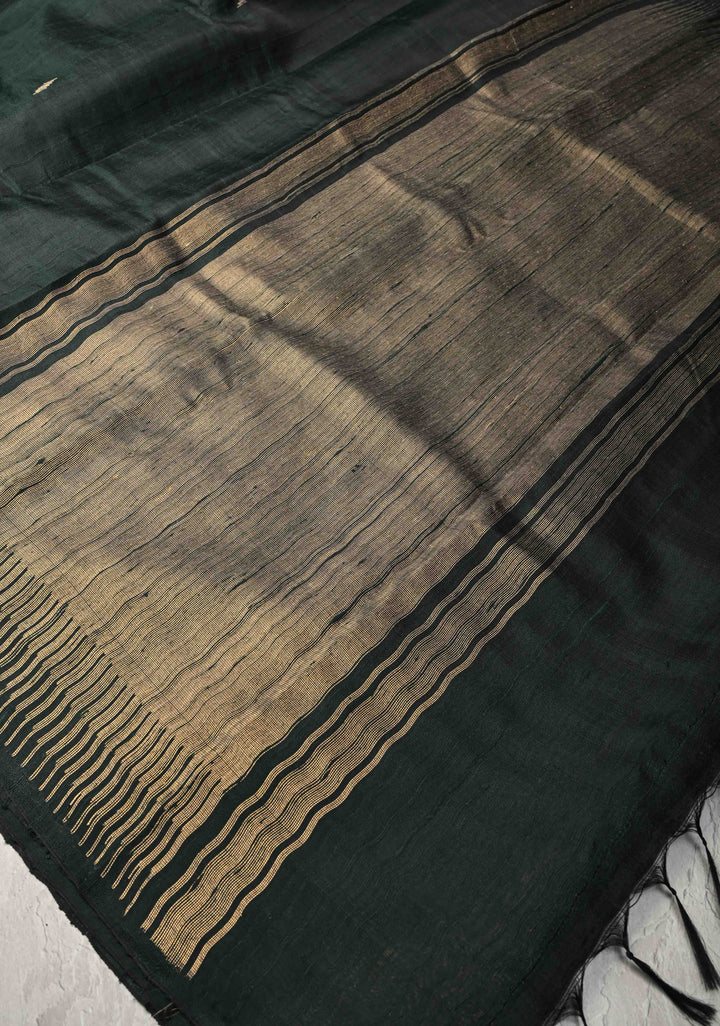 Dark Green Tussar Silk saree with Zari Buttas and Temple Border | SILK MARK CERTIFIED