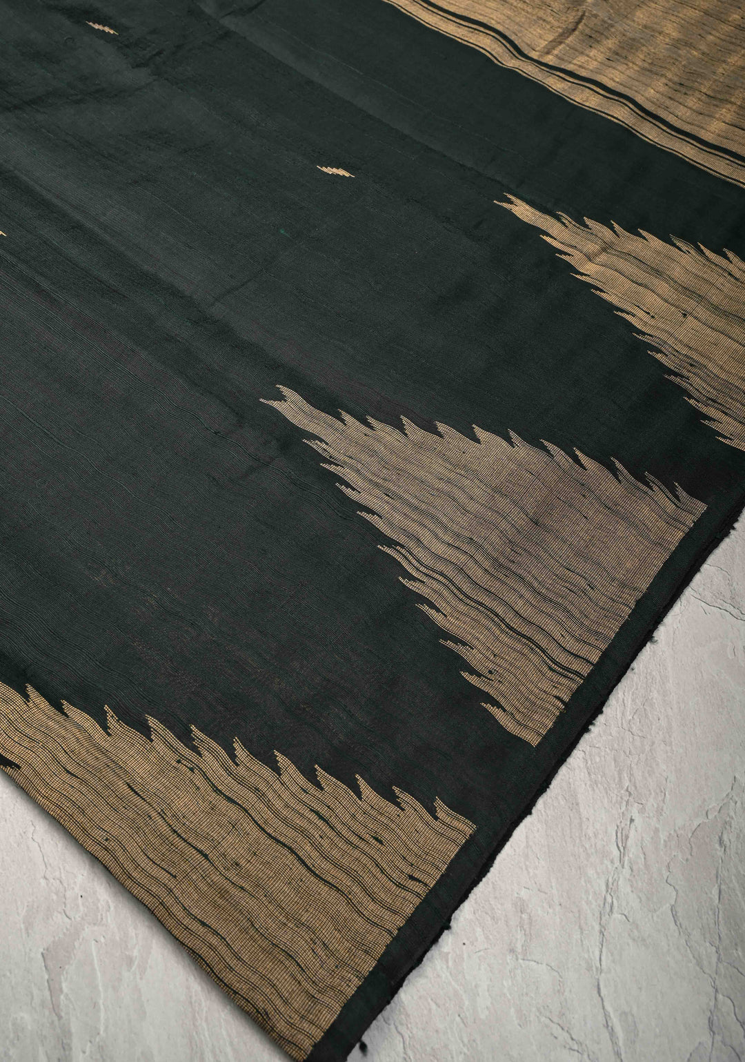 Dark Green Tussar Silk saree with Zari Buttas and Temple Border | SILK MARK CERTIFIED
