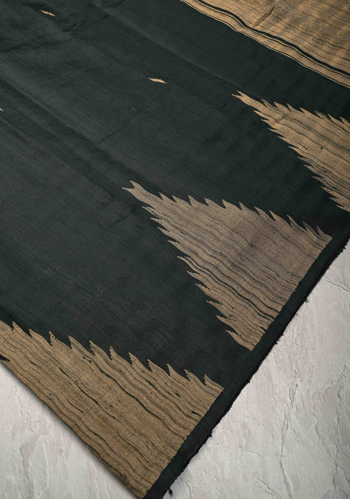 Dark Green Tussar Silk saree with Zari Buttas and Temple Border | SILK MARK CERTIFIED