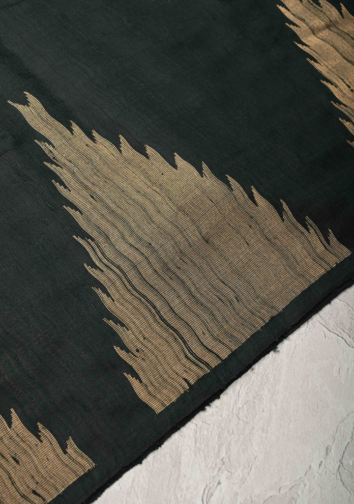 Dark Green Tussar Silk saree with Zari Buttas and Temple Border | SILK MARK CERTIFIED