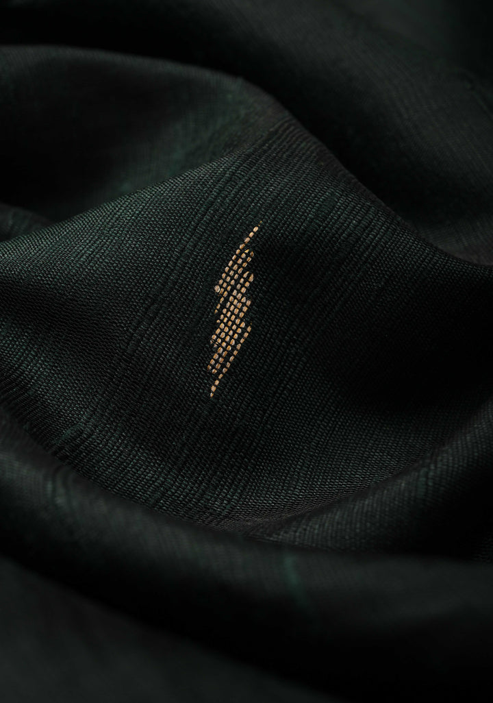 Dark Green Tussar Silk saree with Zari Buttas and Temple Border | SILK MARK CERTIFIED