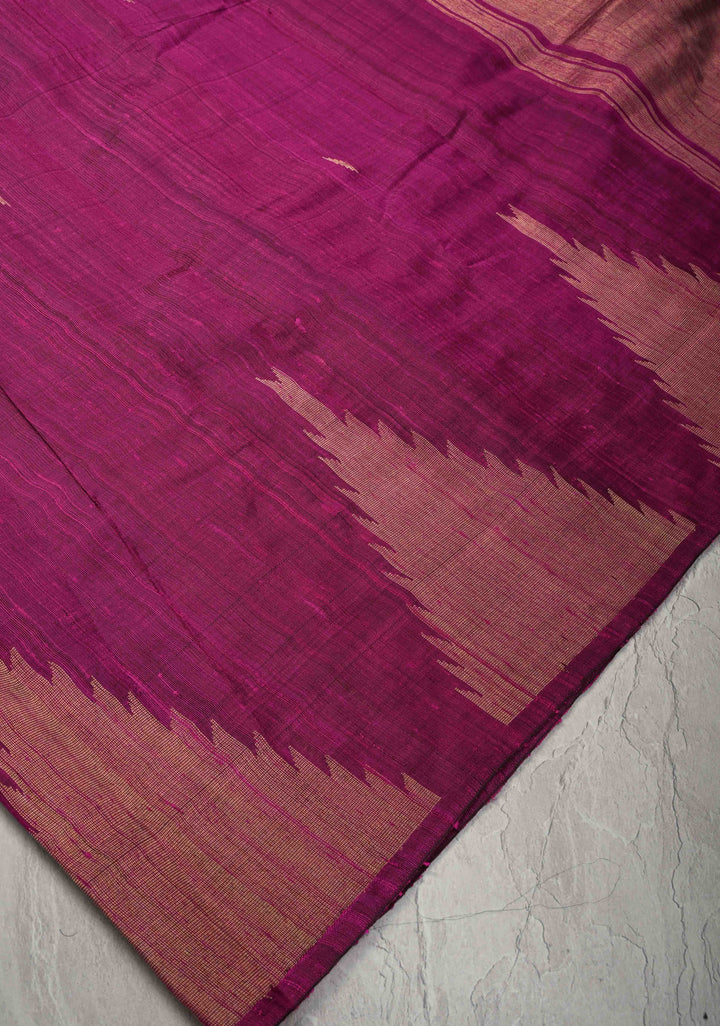 Majenta Tussar Silk saree with Zari Buttas and Temple Border | SILK MARK CERTIFIED