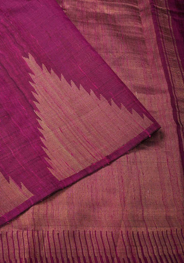 Majenta Tussar Silk saree with Zari Buttas and Temple Border | SILK MARK CERTIFIED