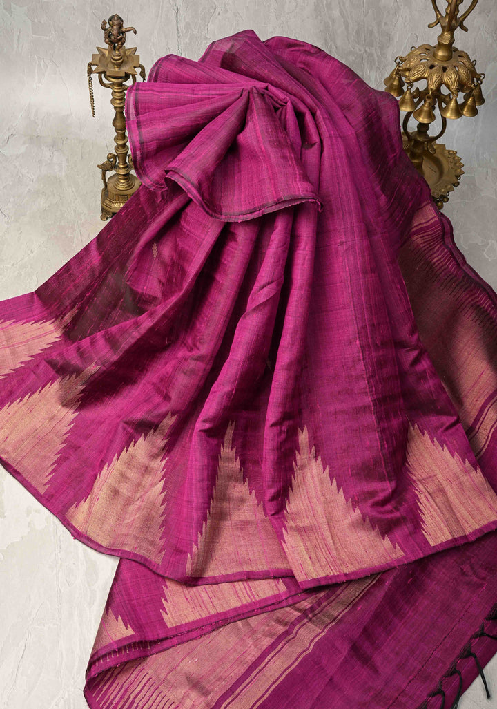 Majenta Tussar Silk saree with Zari Buttas and Temple Border | SILK MARK CERTIFIED