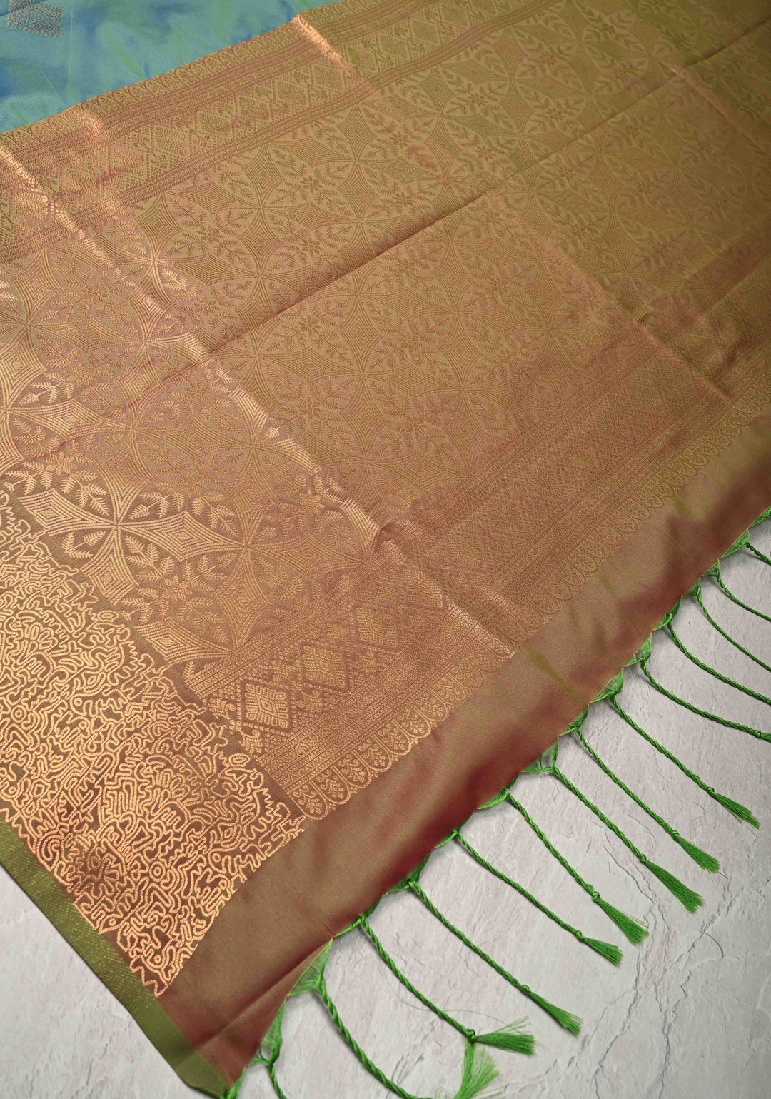 Peacock Blue  Dual tone  Kanchi Semi Silk Saree with Geometric Buttas and Abstract Zari Border