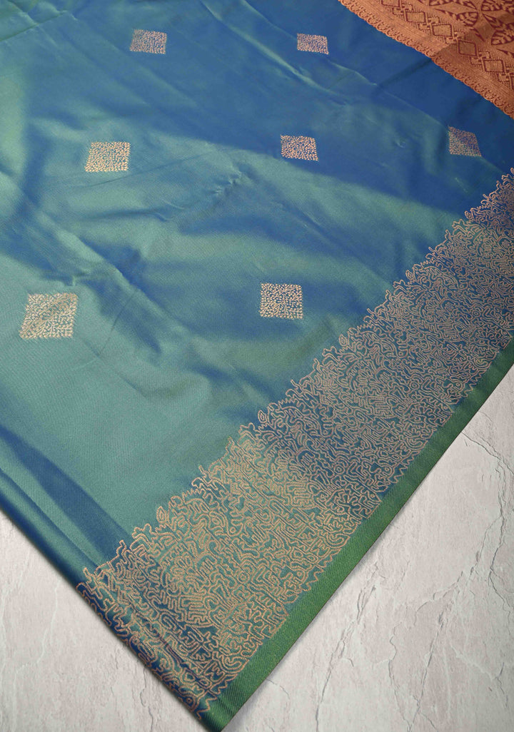Peacock Blue  Dual tone  Kanchi Semi Silk Saree with Geometric Buttas and Abstract Zari Border