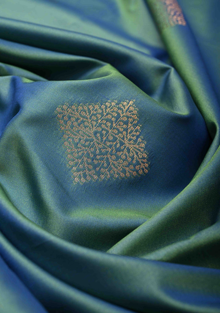Peacock Blue  Dual tone  Kanchi Semi Silk Saree with Geometric Buttas and Abstract Zari Border