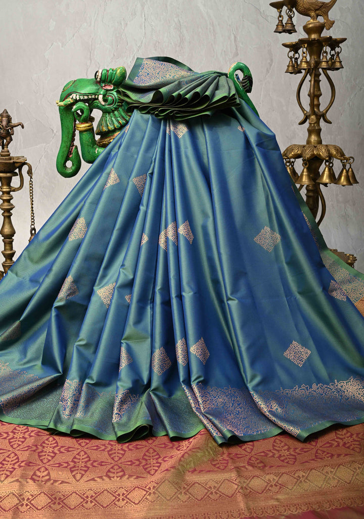 Peacock Blue  Dual tone  Kanchi Semi Silk Saree with Geometric Buttas and Abstract Zari Border