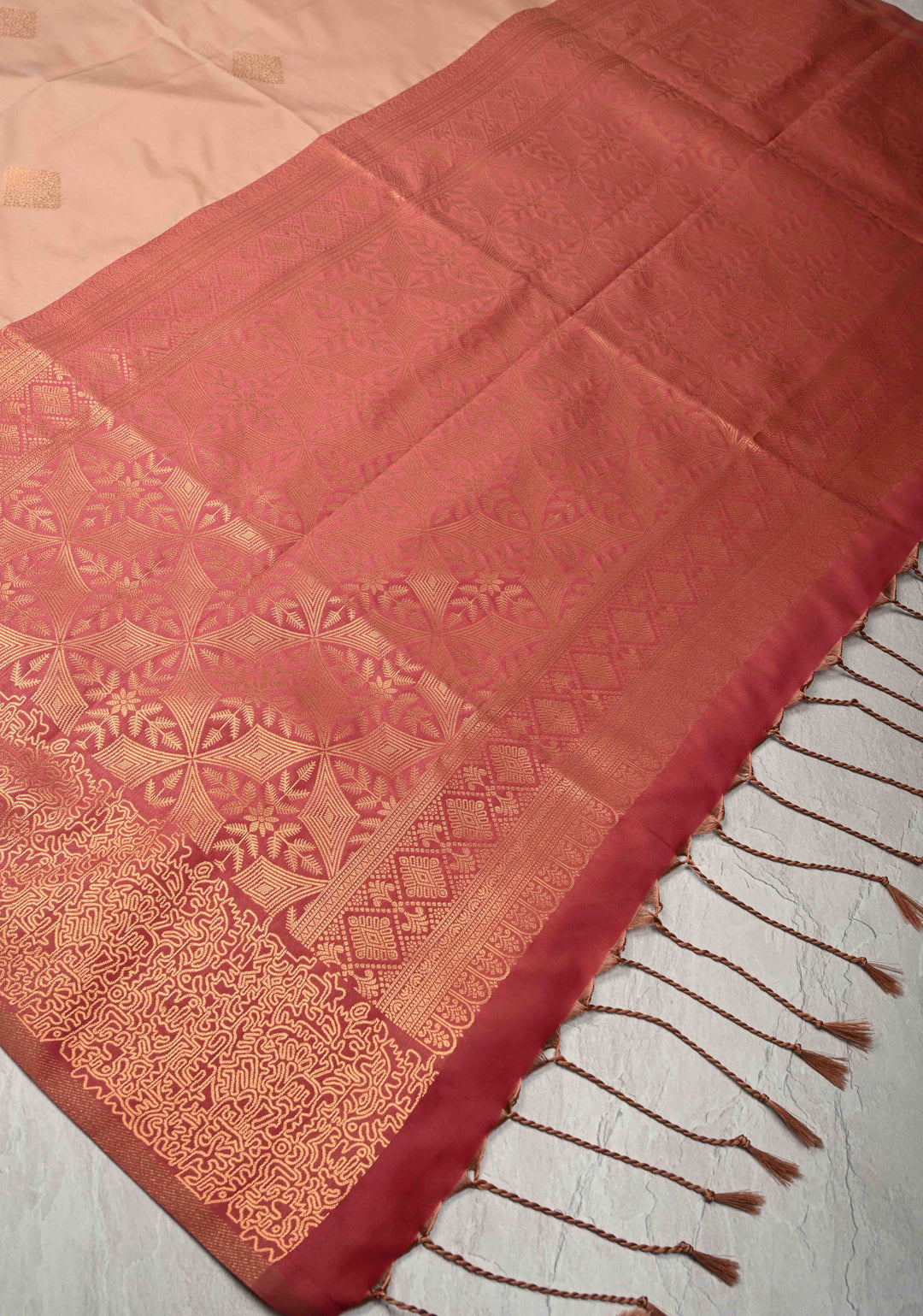 Sand Stone Kanchi Semi Silk Saree with Geometric Buttas and Abstract Zari Border