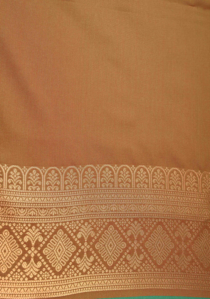 Green Kanchi Semi Silk Saree with Geometric Buttas and Abstract Zari Border