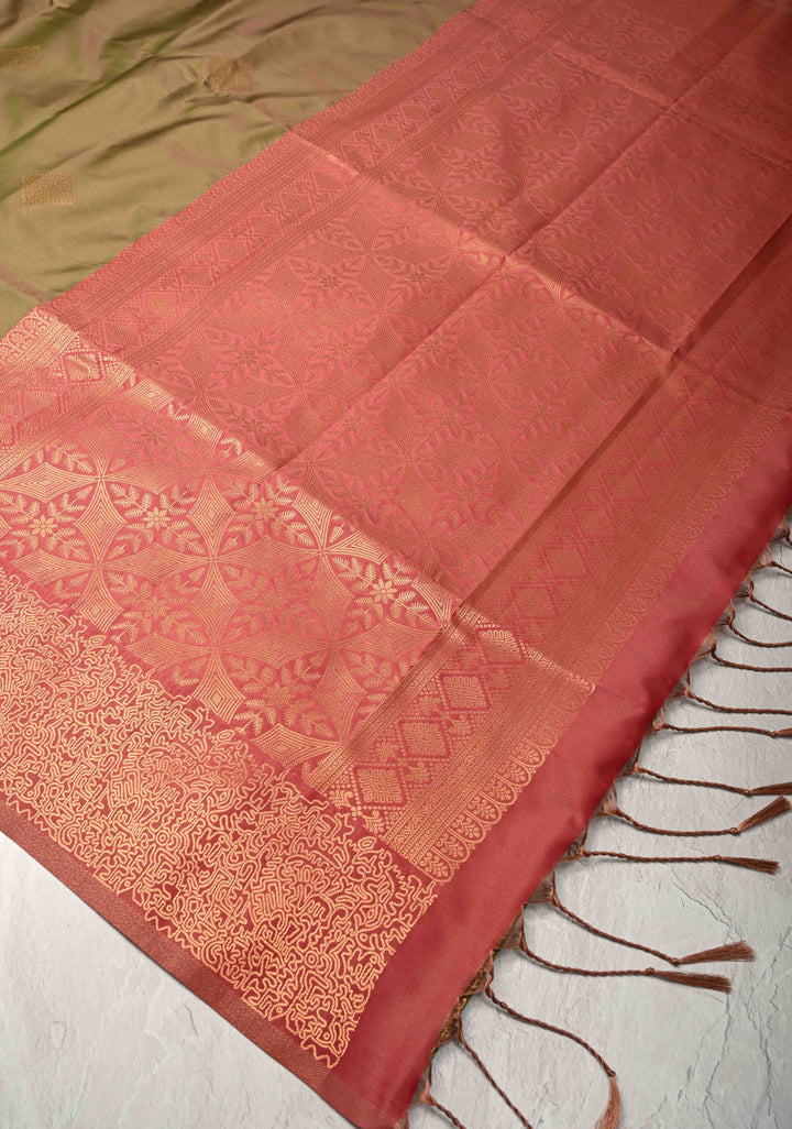 Green Dual Tone  Kanchi Semi Silk Saree with Geometric Buttas and Abstract Zari Border