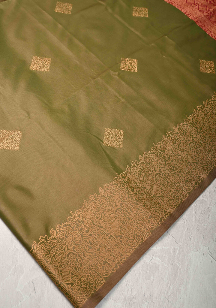 Green Dual Tone  Kanchi Semi Silk Saree with Geometric Buttas and Abstract Zari Border