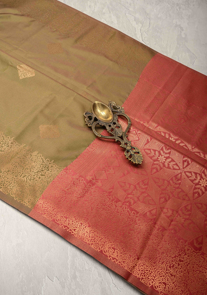 Green Dual Tone  Kanchi Semi Silk Saree with Geometric Buttas and Abstract Zari Border